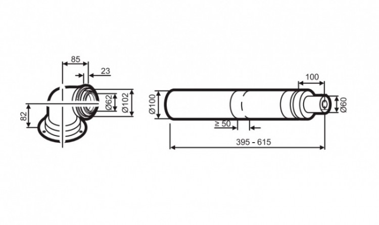 AZB 916 Коаксиальный горизонтальный комплект : отвод 90 + удлинитель 990-1200 мм, 60/100 мм