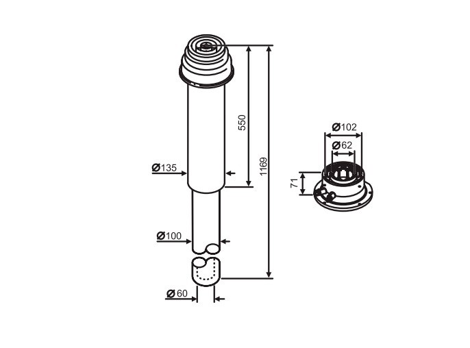 Коаксильный вертикальный комплект: адаптер подключения к котлу + удлинение 1169 мм, Ф 60/100